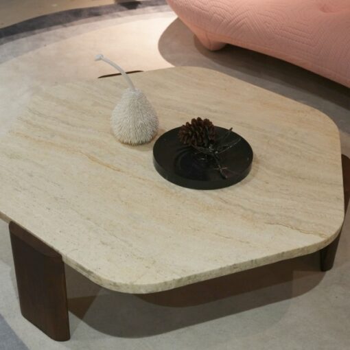 Popular Beige Hexagonal Stone Furniture Vintage Coffee Table Wooden legs Living Room China – Image 2