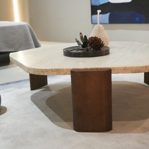 Popular Beige Hexagonal Stone Furniture Vintage Coffee Table Wooden legs Living Room China – Image 4