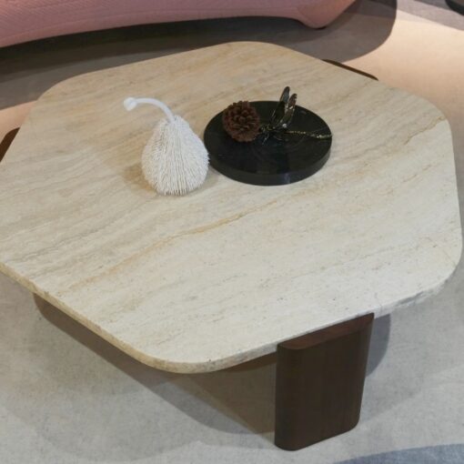 Popular Beige Hexagonal Stone Furniture Vintage Coffee Table Wooden legs Living Room China