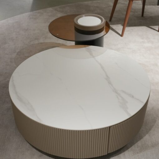 Customized 2024 High-end Modern Stone Furniture Round Stone Carved Wooden Frame Coffee Table Side Table Living Room Furniture