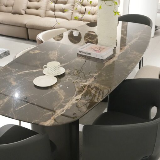 Customized Luxury Oval Shape Stone Table Marble Top Dining Table With Stainless Steel Round Base For Dining Room