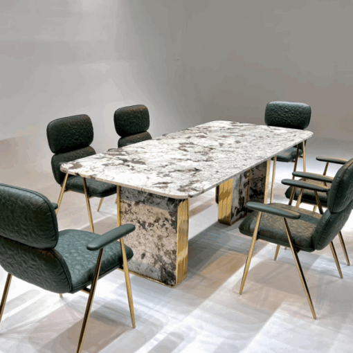 ⁦Italian interior new design Stone Furniture high end nature marble stainless steel legs fancy villa dining furniture⁩ - الصورة ⁦2⁩