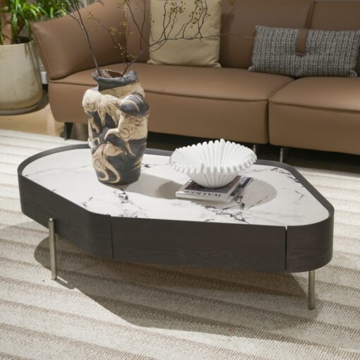 Modern fish-belly white marble irregular central coffee table and round stone furniture